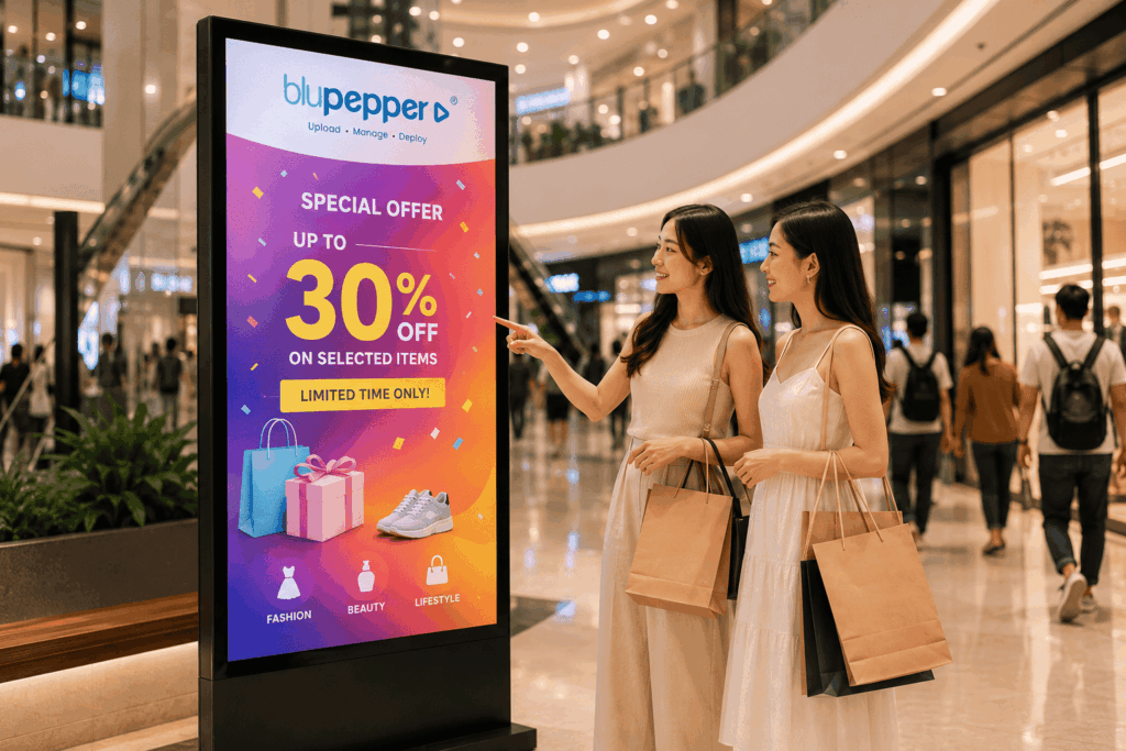 Two women shopping in a mall pointing at a Blupepper digital signage screen displaying a special offer of up to 30% off on fashion, beauty, and lifestyle items.
