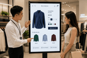 A store employee shows a customer a shirt and product options on a large interactive digital display in a clothing shop