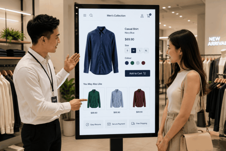 A store employee shows a customer a shirt and product options on a large interactive digital display in a clothing shop