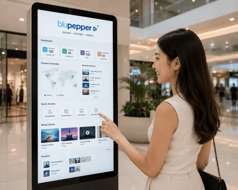 A woman interacting with a large touchscreen digital signage display running the Blupepper content management dashboard in a shopping mall