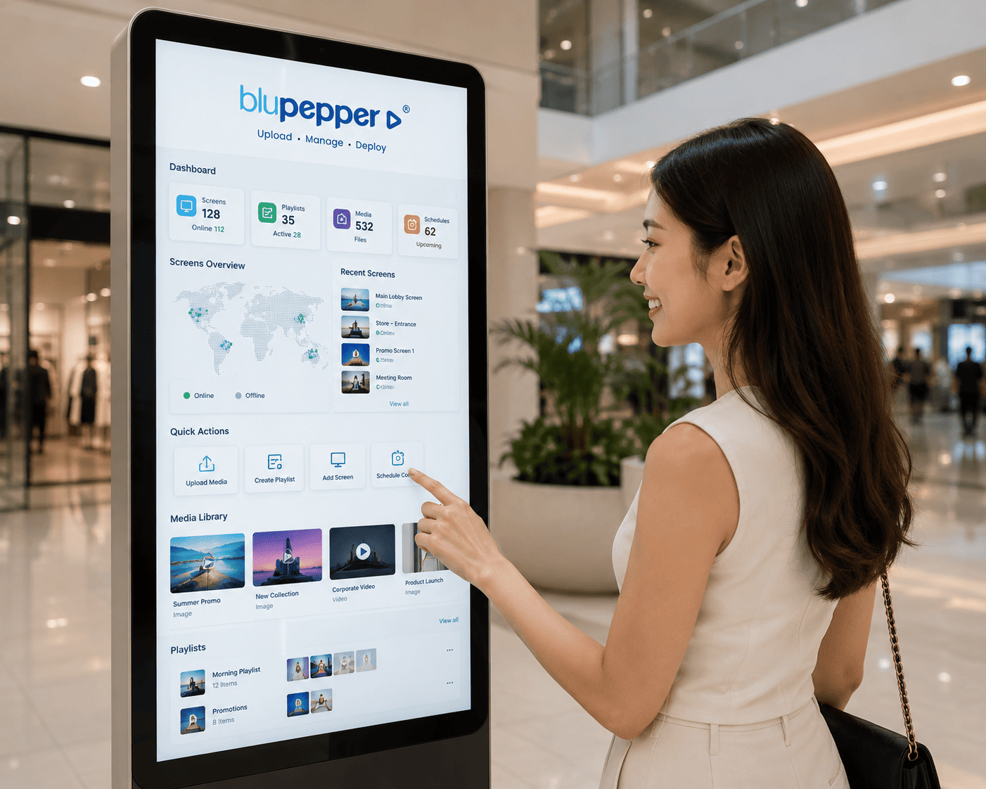 A woman interacting with a large touchscreen digital signage display running the Blupepper content management dashboard in a shopping mall